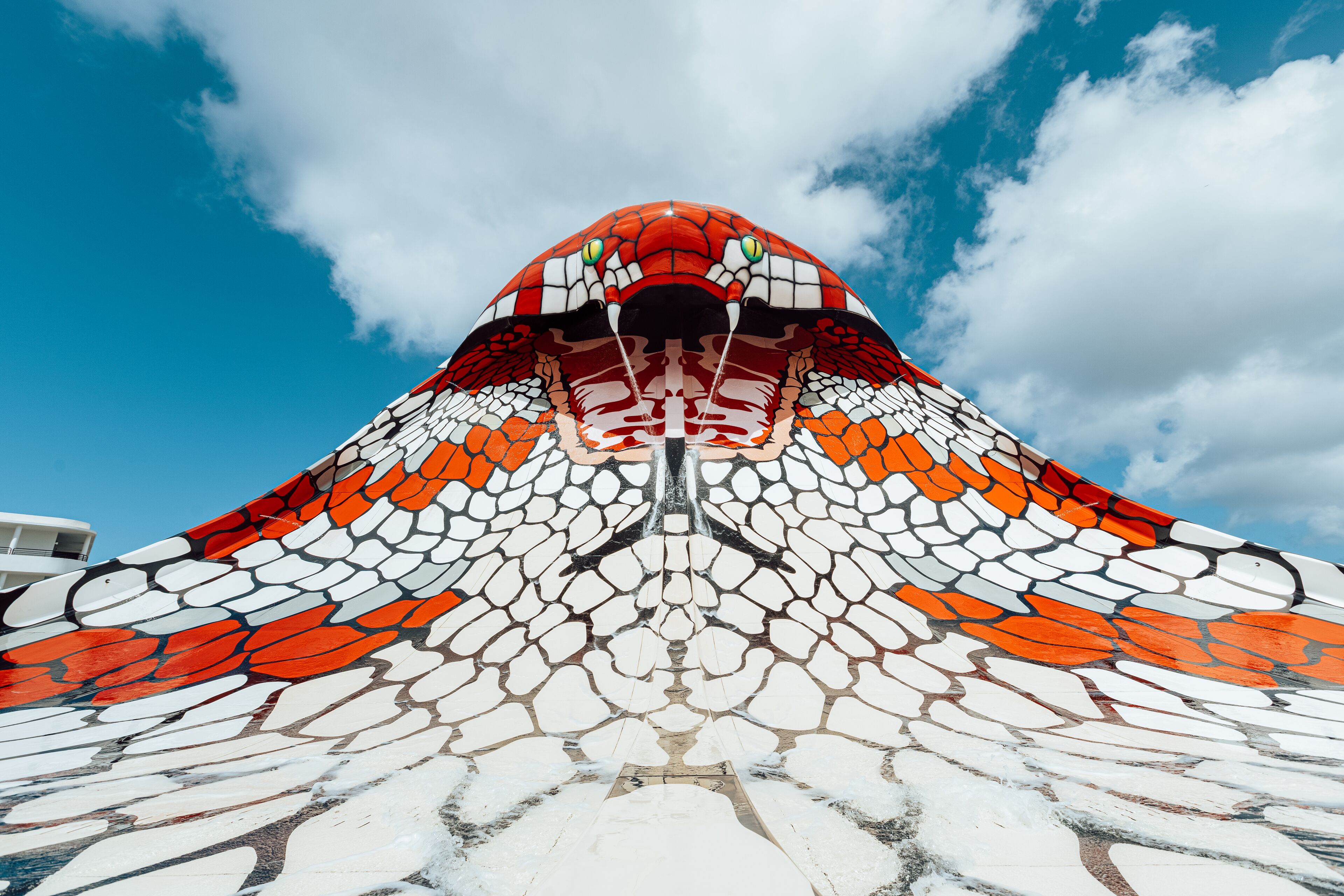 A large, colorful mural of a snake's head and body.