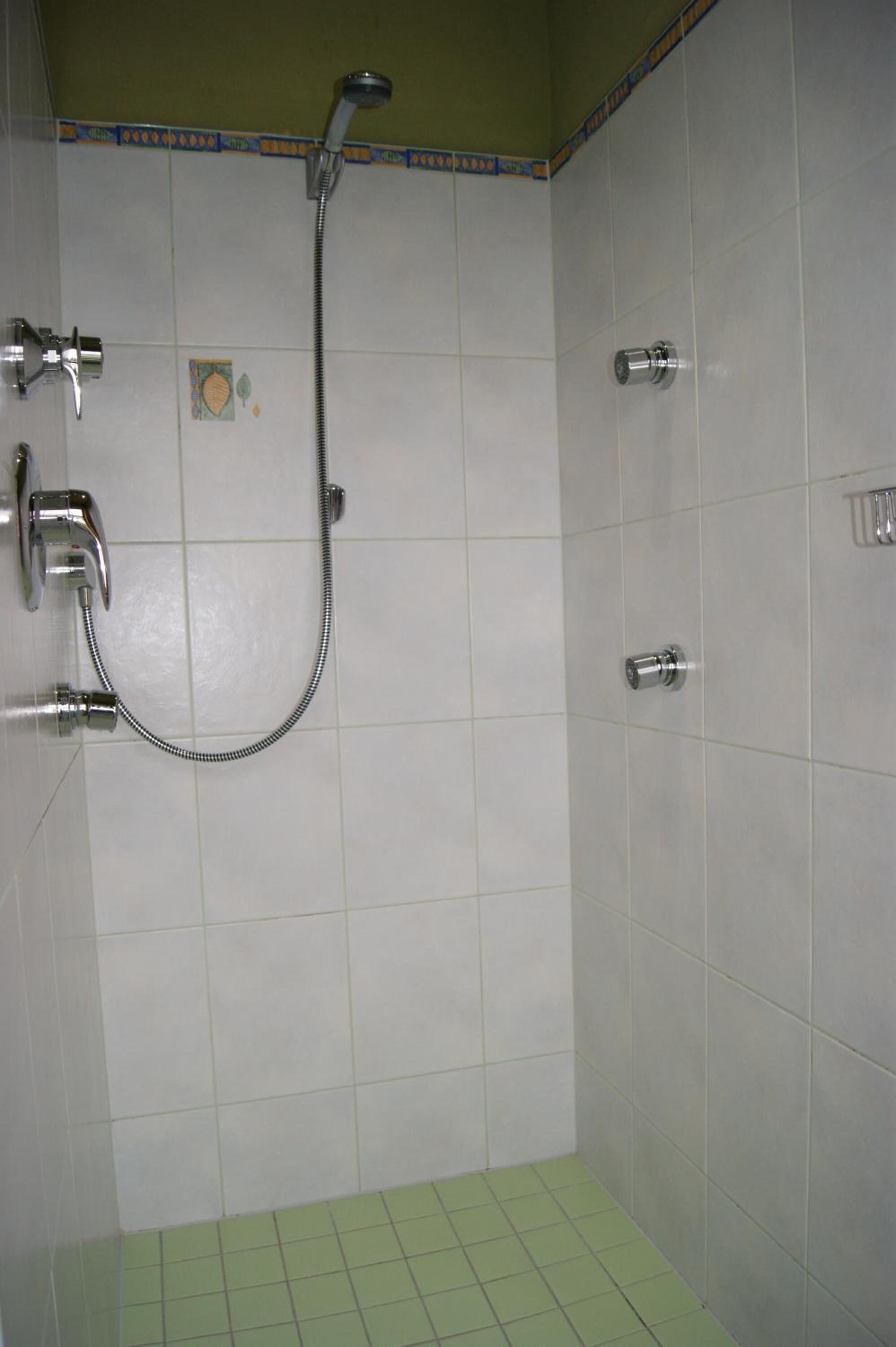 A small, tiled shower area with a handheld showerhead and a wall-mounted faucet.