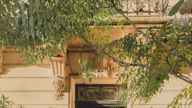 Une entrée d’immeuble avec un escalier menant à une porte, le tout agrémenté de motifs en fer forgé décoratifs et de plantes.