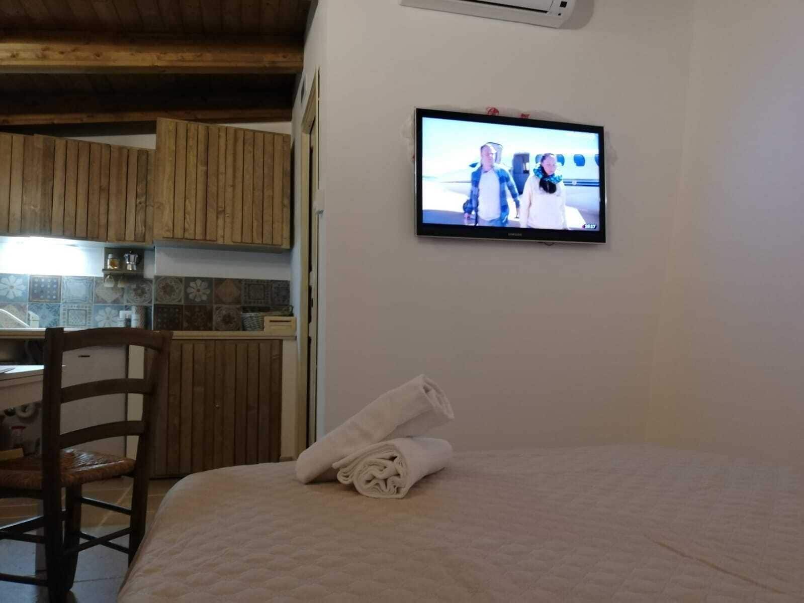Una habitación con cama, televisión montada en la pared, armarios de madera y una zona de cocina.