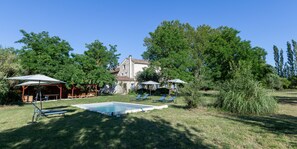 Seasonal outdoor pool, pool umbrellas, pool loungers