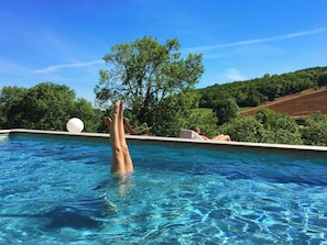 Seasonal outdoor pool, pool umbrellas, pool loungers