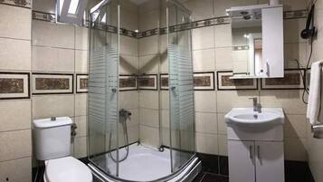 Shower, hair dryer, bathrobes, slippers