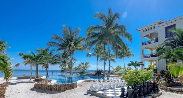 Beach nearby, sun loungers