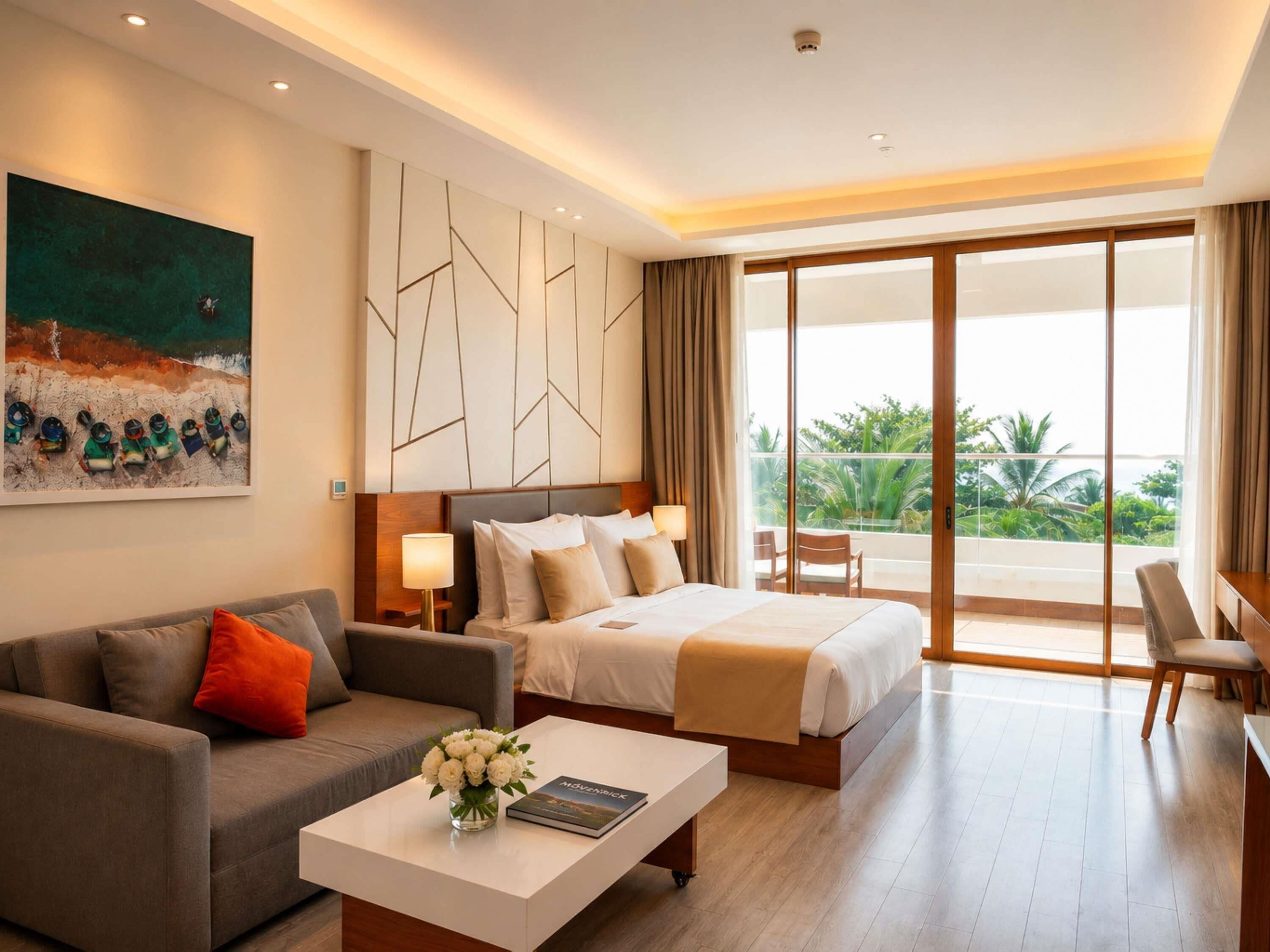 A hotel room with a bed, a sofa, a coffee table with flowers, a painting, and a view of greenery through large windows.