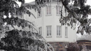 A snow-covered evergreen tree in front of a white building with multiple windows. - Ferienhaus XXL Deutschland (Schwarzatal)