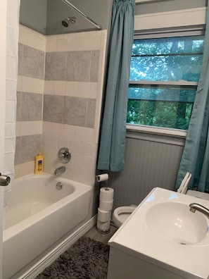 Une salle de bain avec une baignoire, des toilettes et un lavabo.