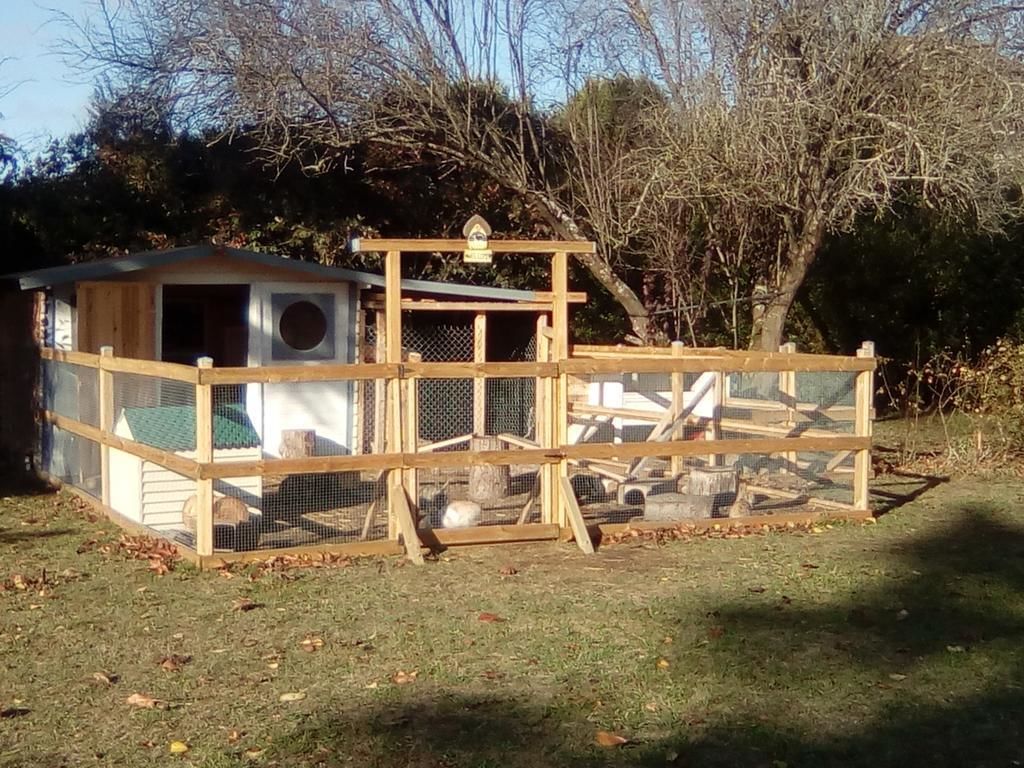 A wooden chicken coop with a fenced area and a small shelter.
