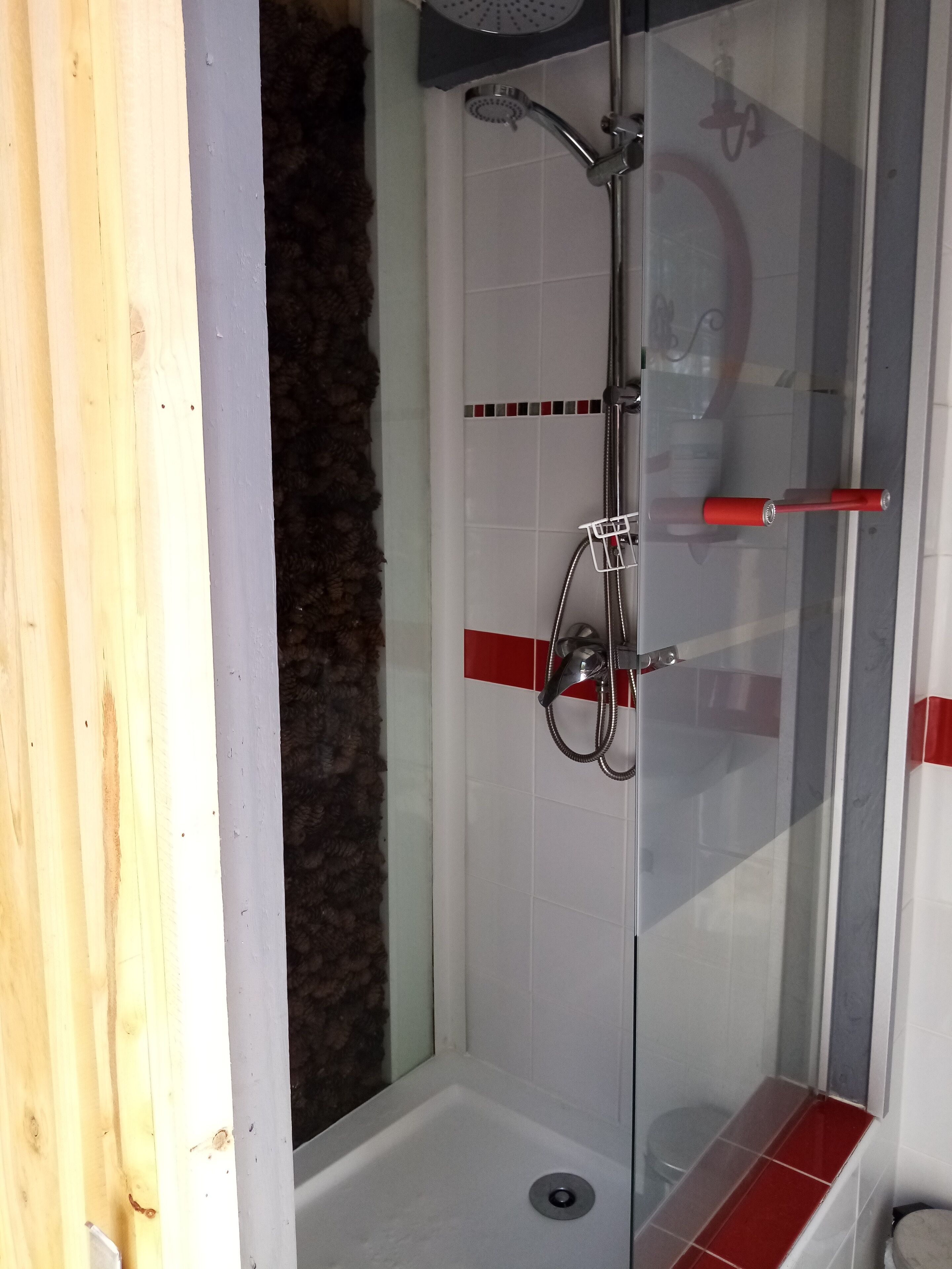 A glass-enclosed shower with a handheld showerhead, a handheld showerhead, and a shower control.
