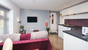 Ein modernes Apartment mit Wohnzimmer, Küchenzeile und Wand-Fernseher.