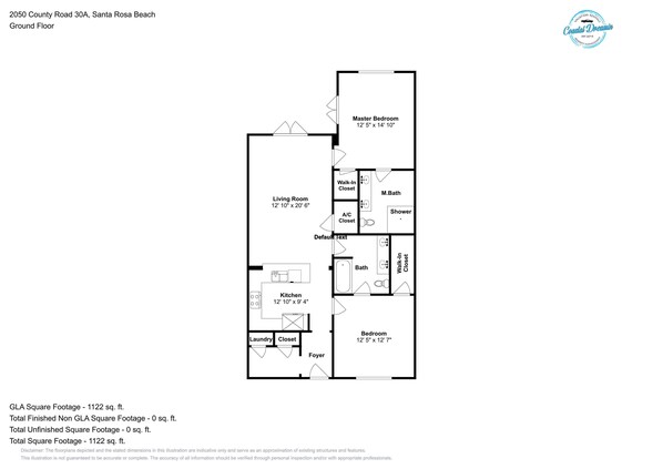 A floor plan of a ground floor property at 2050 County Road 30A, Santa Rosa Beach, including a master bedroom, living room, kitchen, bathroom, and laundry area.