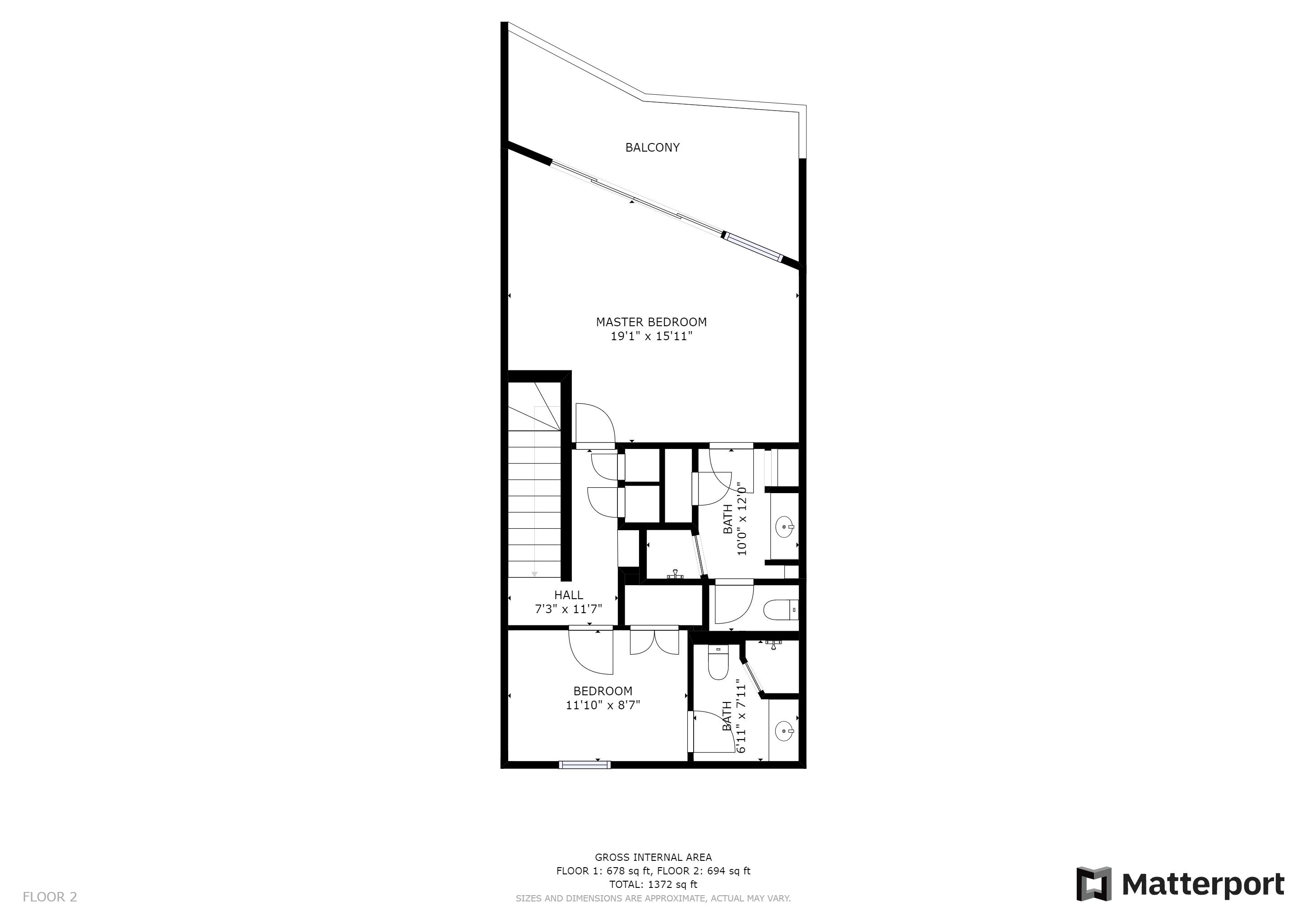 A floor plan of a two-story house with a master bedroom, two bathrooms, a hall, and a balcony.