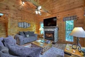 Cabin | Living room | Flat-screen TV, fireplace, DVD player - Grey Wolf Lodge (Morganton)