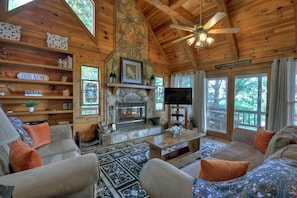 Cabin | Living room | Flat-screen TV, fireplace, DVD player - Bird Song (Morganton)