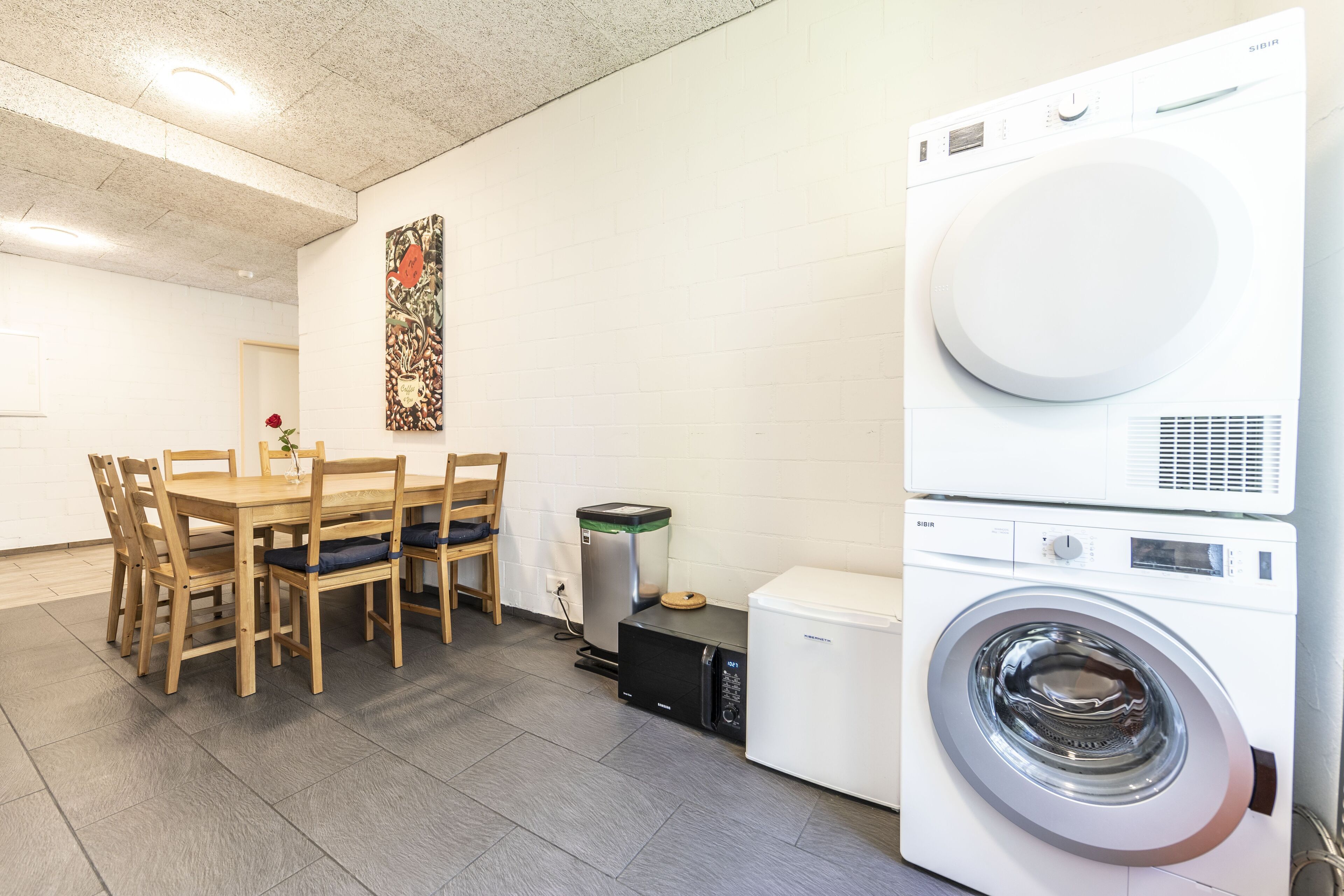 Une petite buanderie équipée d’un lave-linge, d’un sèche-linge compact et d’une poubelle.