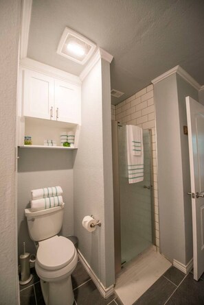 Ein Badezimmer mit Toilette, Dusche und einem Schrank mit Pflegeprodukten.