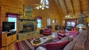 Cabin | Living room | Flat-screen TV, fireplace, DVD player, foosball - Simple Pleasures (Morganton)