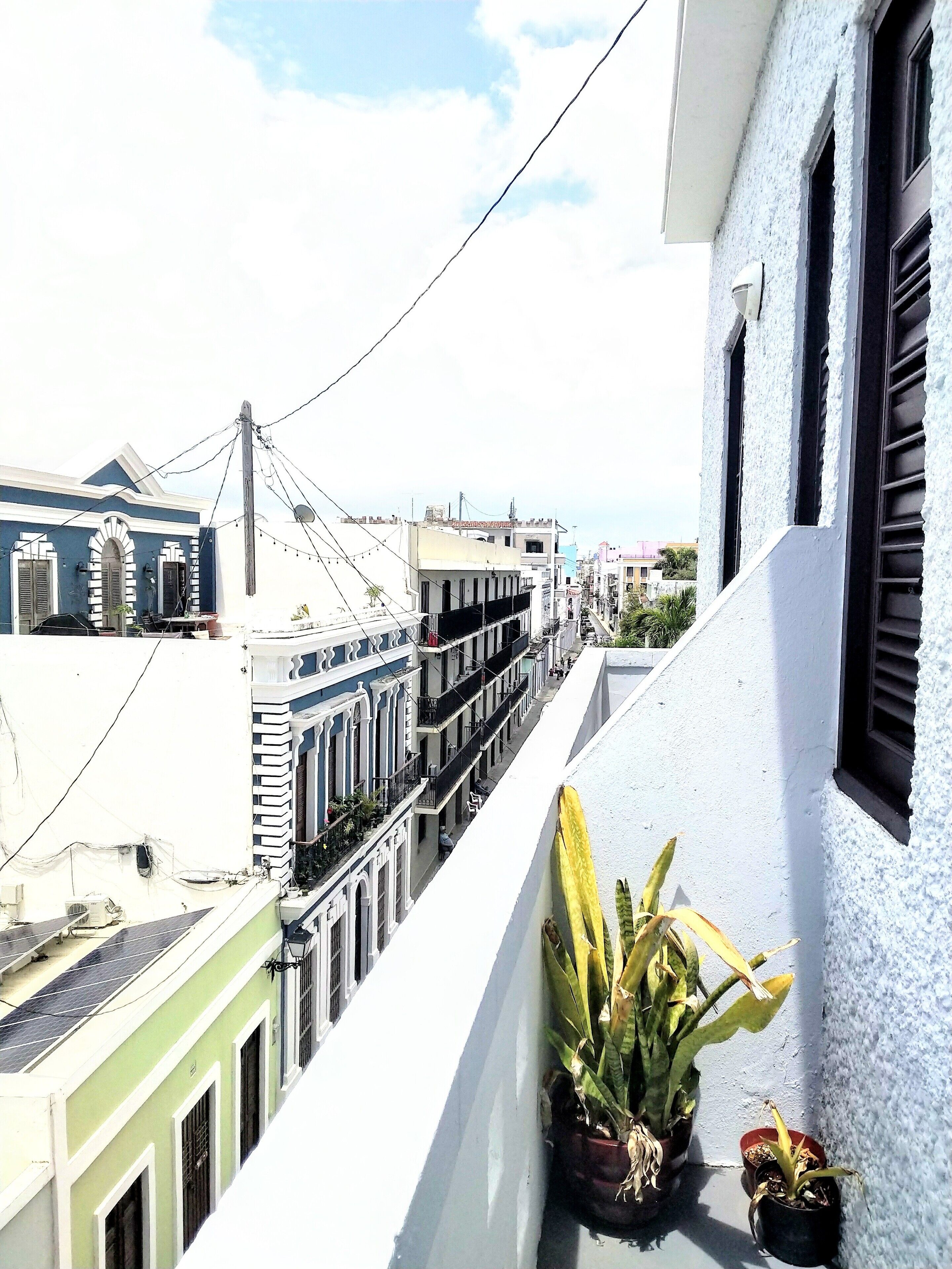 Una estrecha calle urbana flanqueada por edificios, cielo despejado y algunas macetas con plantas en un balcón.