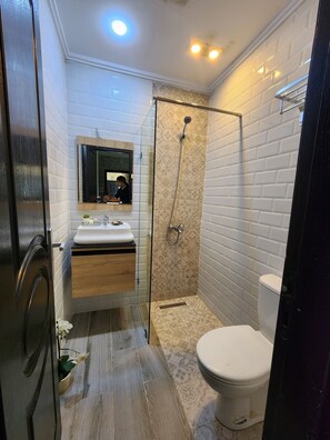 Apartment, 2 Schlafzimmer, Erdgeschoss | Badezimmer | Dusche, Regendusche, Handtücher