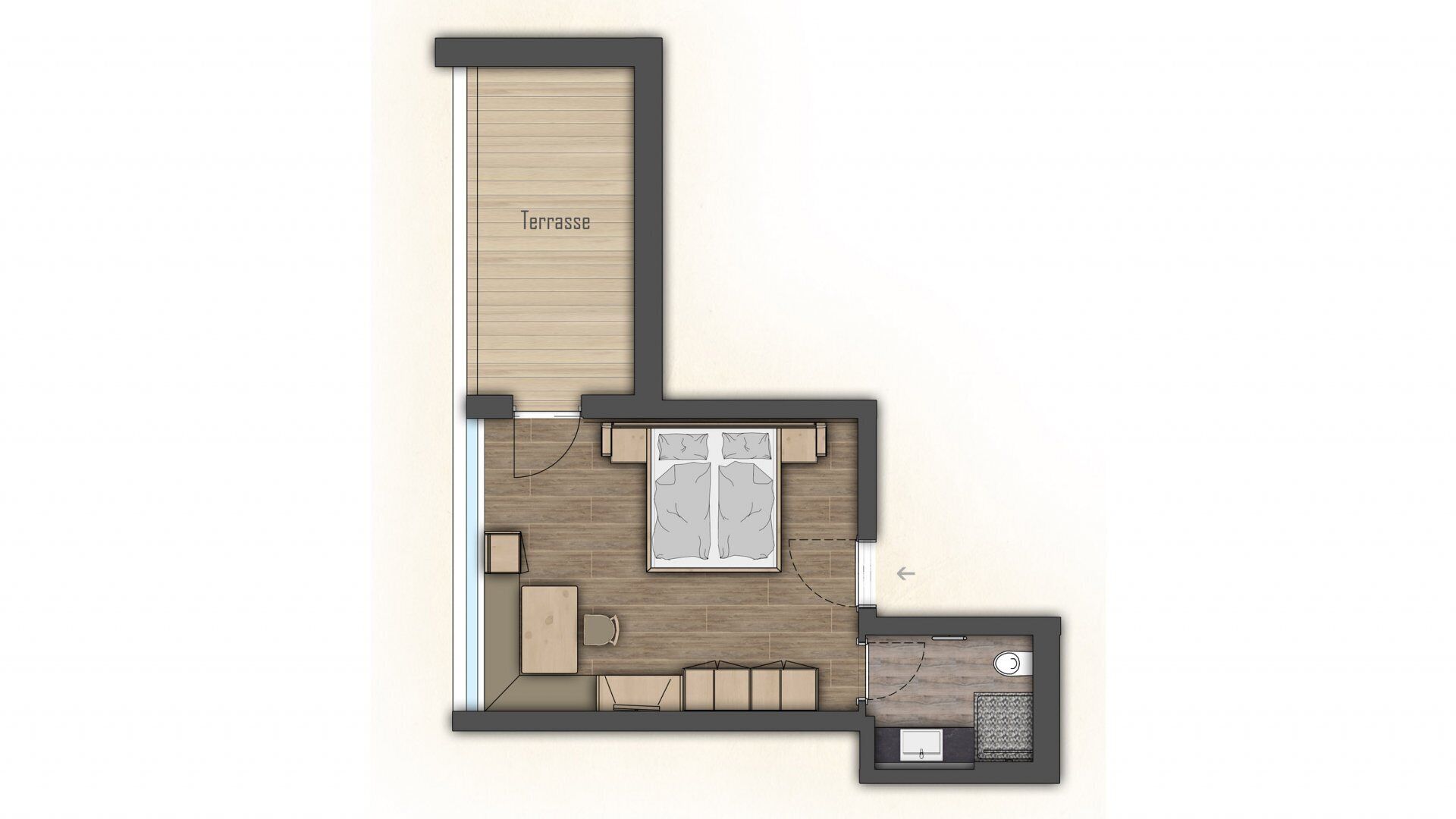 Plano de planta de una habitación de hotel con zona de estar, dormitorio independiente y terraza.