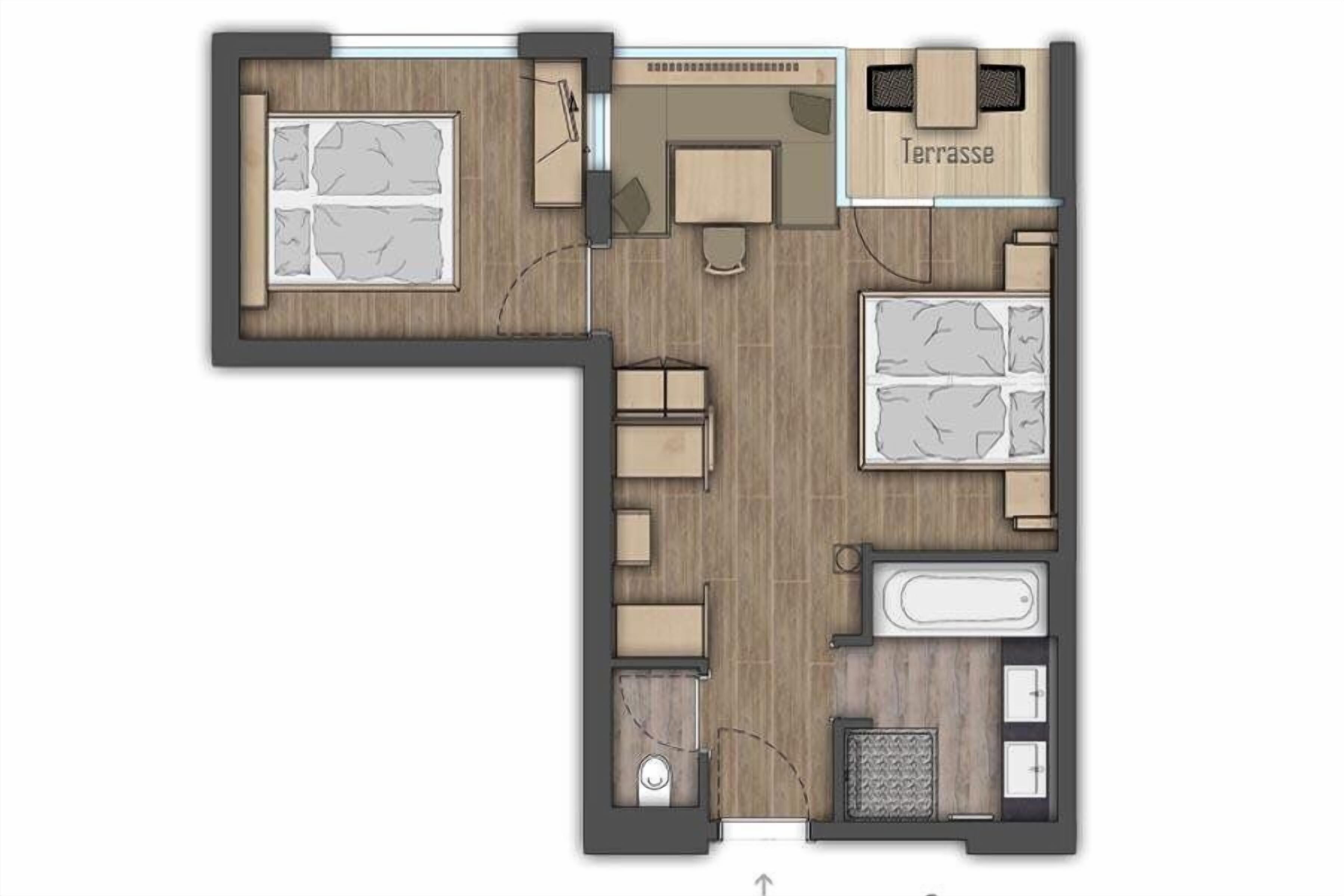 Un hôtel comprenant une terrasse, deux chambres, une salle de bain et un espace de vie.