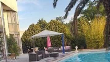 Seasonal outdoor pool, pool umbrellas, sun loungers