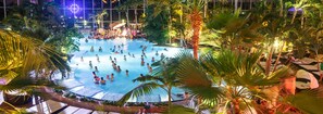 Ein großer, überdachter Pool, umgeben von Palmen und Liegebereichen.