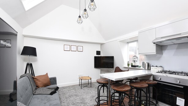 Eine moderne Küche mit Essbereich, einem grauen Sofa und einer Bar mit Barhocker.