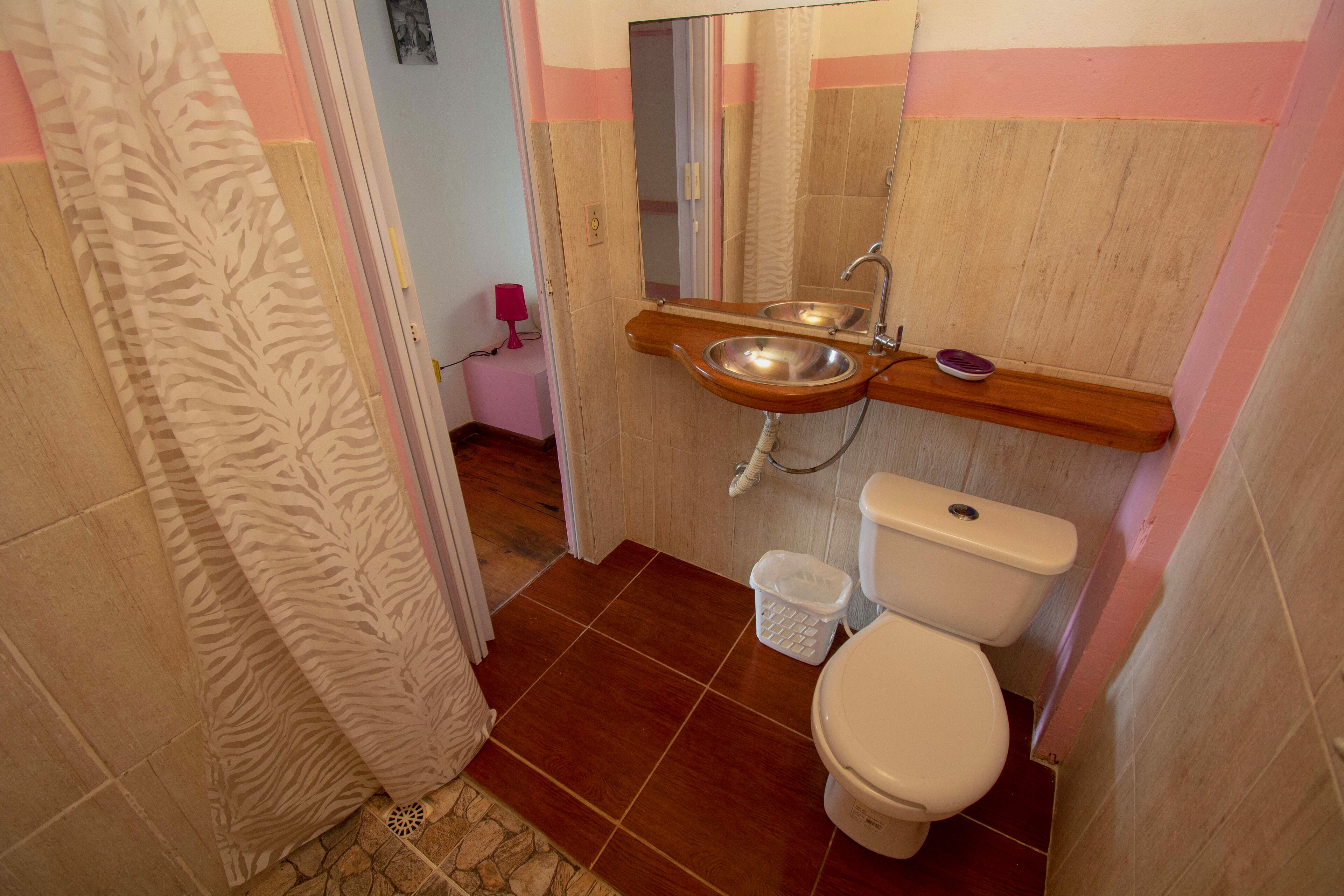 A bathroom with a wooden vanity, a sink, a toilet, and a shower curtain.