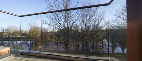 A modern interior with a glass wall offering a view of a park and a body of water.