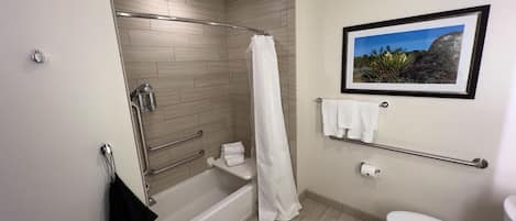 A modern bathroom with a bathtub, shower, toilet, and a framed picture on the wall.