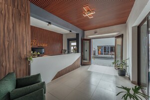 Una moderna zona de recepción con un panel de madera decorativo, un mostrador curvo y una planta en maceta.