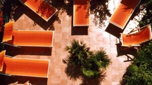 Vista aérea de un patio con varias mesas y sillas anaranjadas, rodeado de plantas en macetas y árboles.