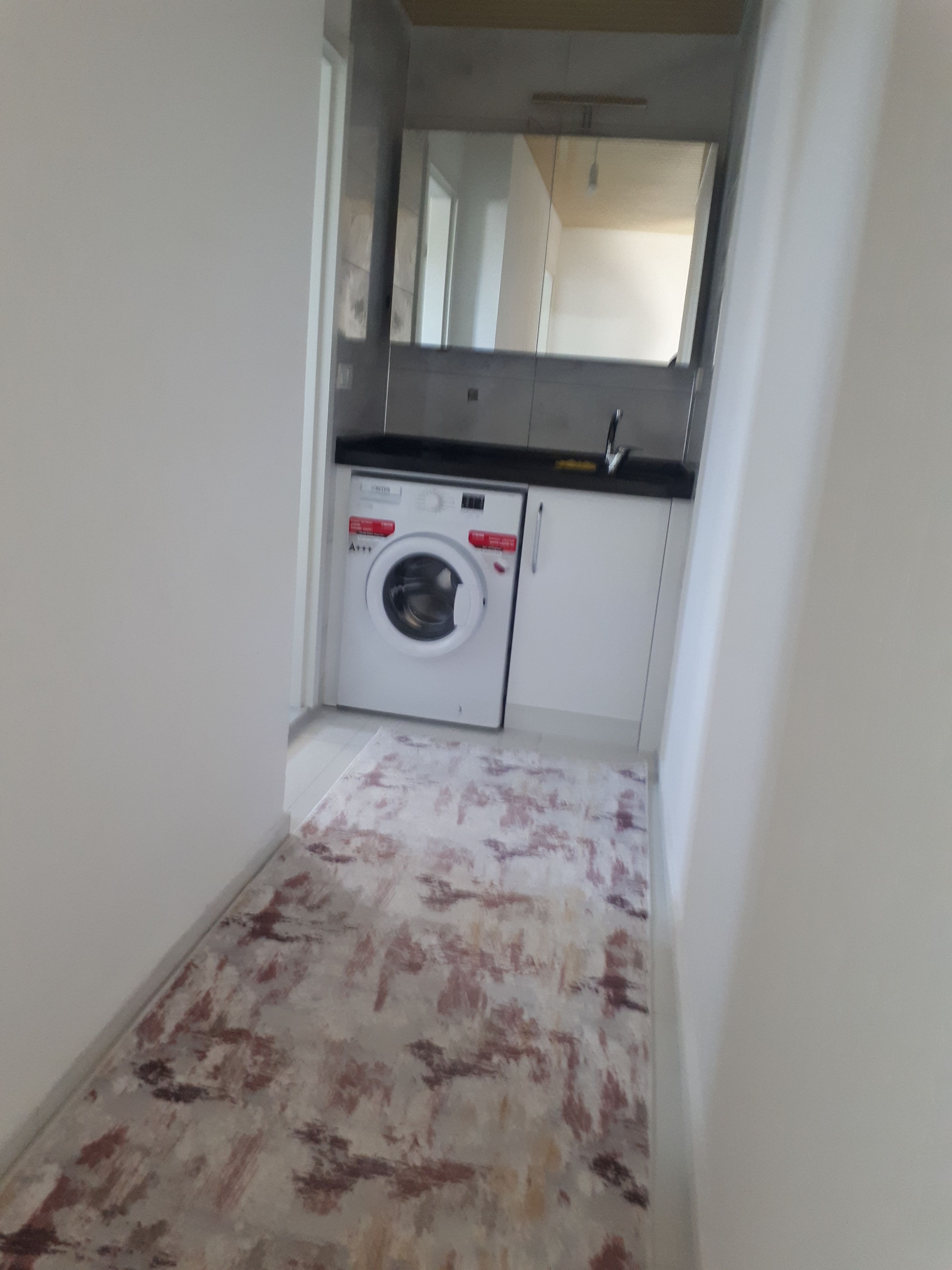 Une buanderie équipée d’un lave-linge, d’un évier et d’un plan de travail.