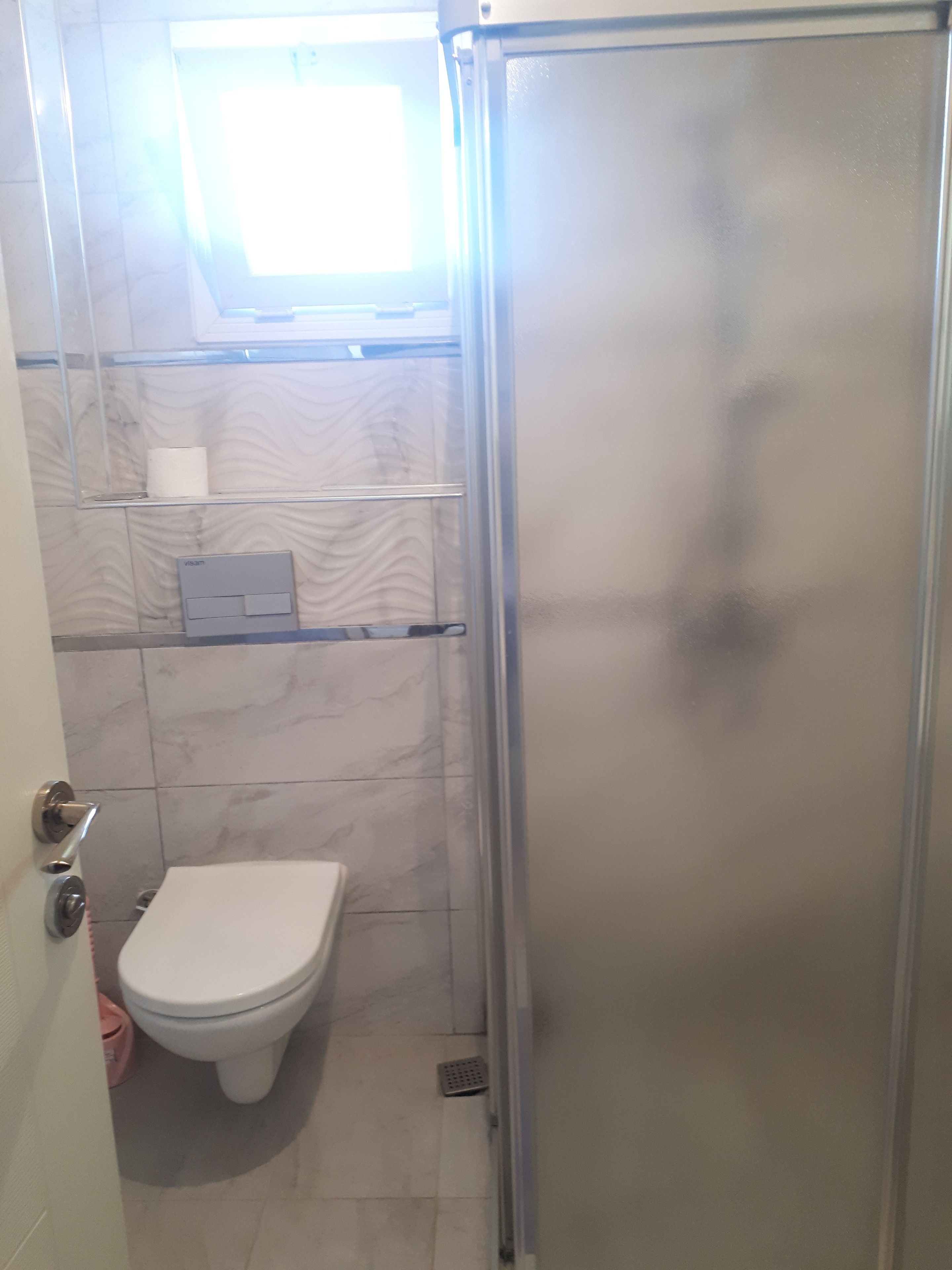 A bathroom with a toilet, a glass shelf with toiletries, and a shower area.
