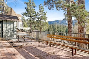 Une terrasse en bois avec un banc et une table de pique-nique, offrant une vue sur une zone montagneuse boisée.