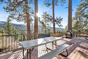 Une terrasse extérieure avec une table de pique-nique et un barbecue, entourée de grands pins et dominée par un paysage montagneux.