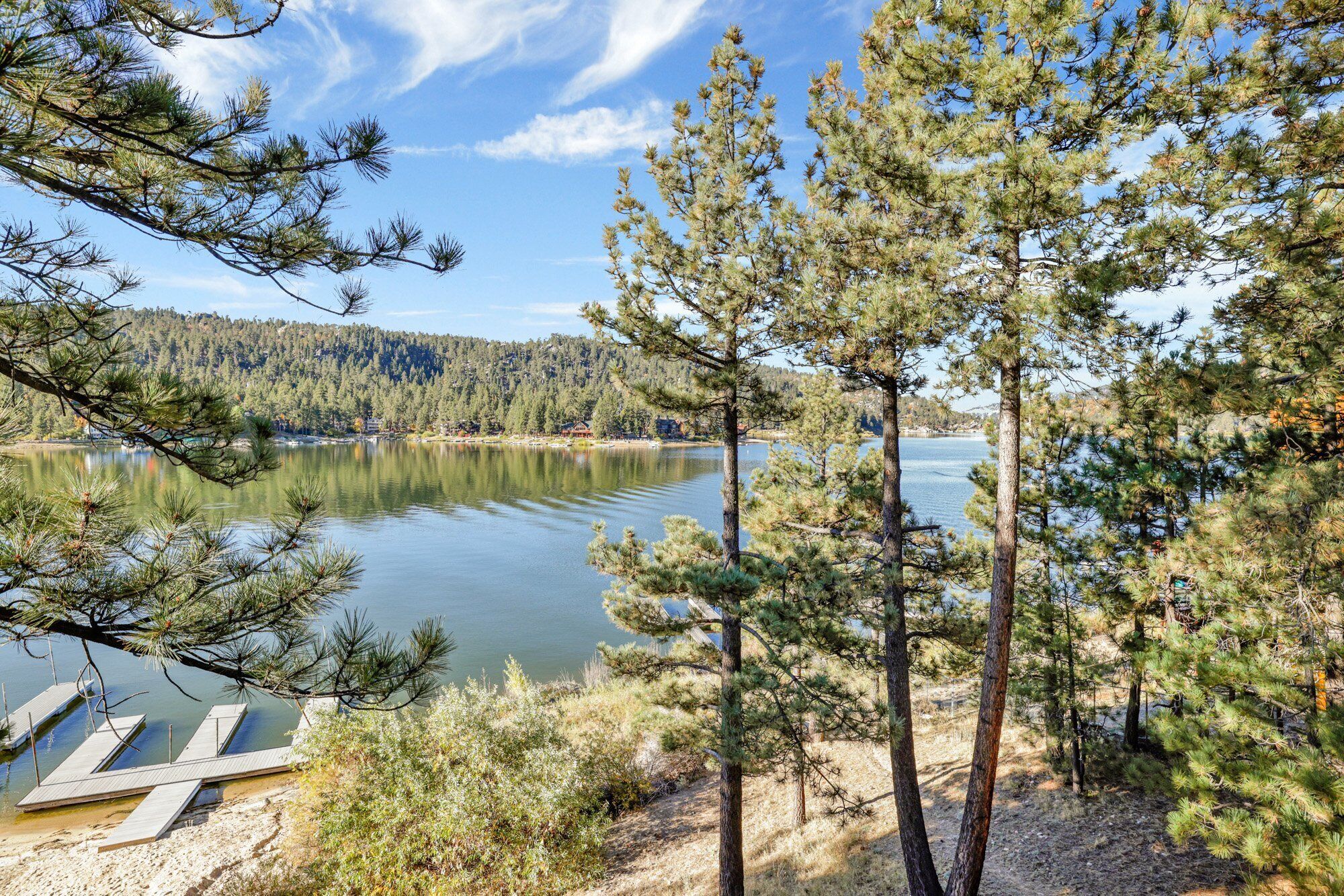 A lakeside view with pine trees, a dock, and a forested hill in the background.