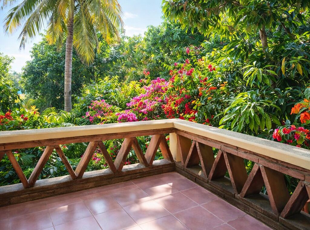 Un balcon doté d’un sol carrelé, entouré d’une végétation luxuriante et de plantes en fleurs.