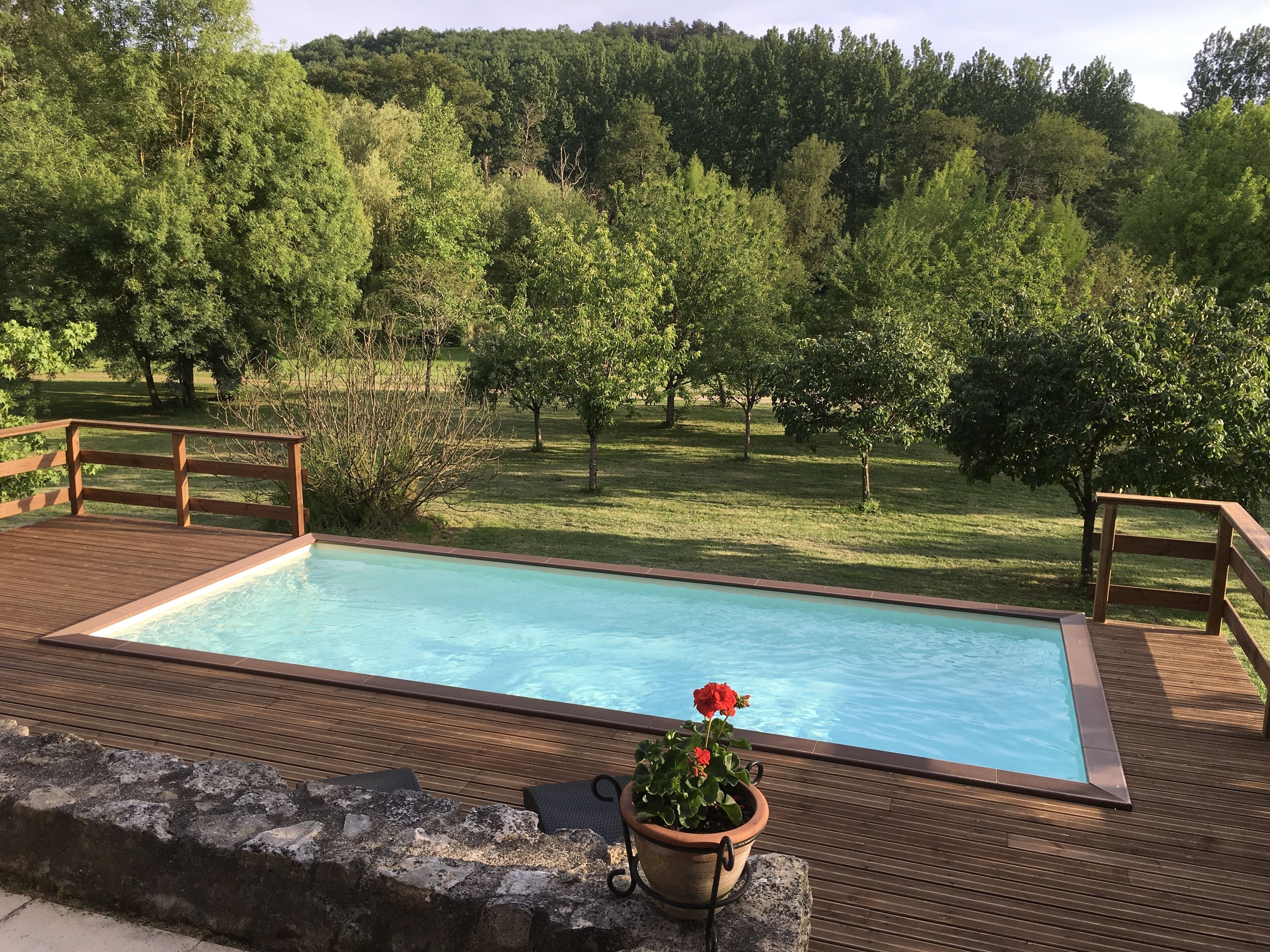 Ein rechteckiger Pool mit Holzdeck und Geländern, umgeben von Rasen und Bäumen.
