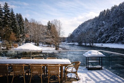 Beautiful waterfront house with heated indoor pool, sauna, terrace.