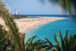 A beach with a lighthouse, palm trees, and a sandy shore. - PENTHOUSE 120m2, 200m from the beach, panoramic sea and village view (Morro Jable)