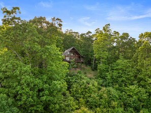 A cabin surrounded by dense forest. - Mountain Crest Cabin-Relaxing Vacation in Jasper (Jasper)