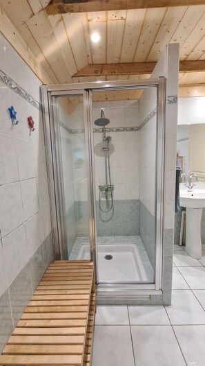 Combined shower/tub, hair dryer, towels, toilet paper