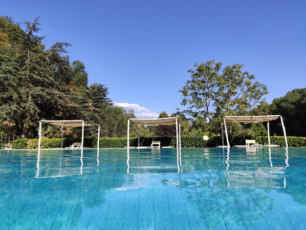 Une piscine d’un bleu éclatant, agrémentée de trois parasols et de chaises longues.