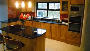 Una cocina moderna con armarios de madera, encimera negra, ventana grande y electrodomésticos integrados.