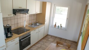 Una cocina compacta con estufa, lavamanos y ventana con plantas en macetas.