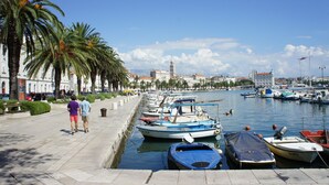 Una marina con imbarcazioni ormeggiate lungo una passeggiata sul lungomare, fiancheggiata da palme e con un edificio storico sullo sfondo.