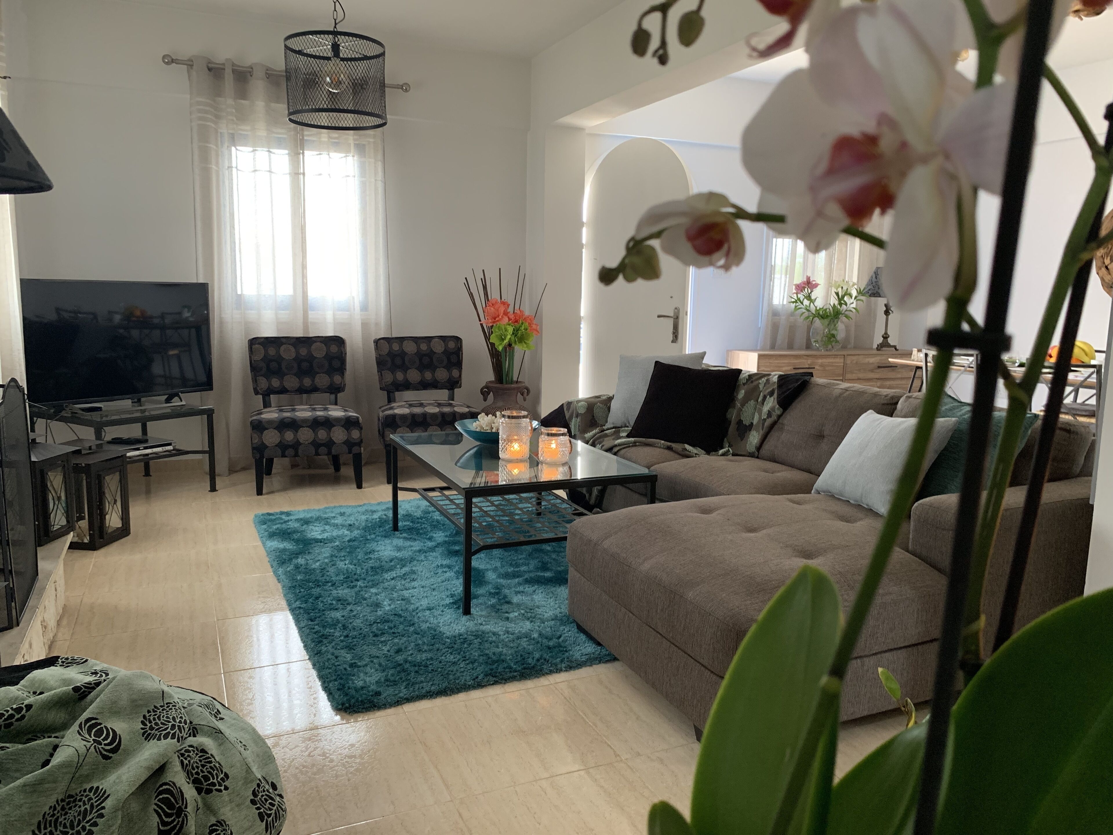 Una Smart TV, una chimenea, libros