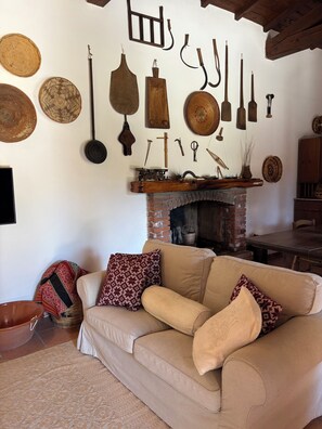 Un salon chaleureux avec un canapé beige, des coussins à motifs et une cheminée.